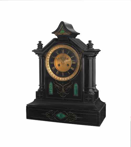 Appraisal: French L Mart slate and malachite mantel clock mid th