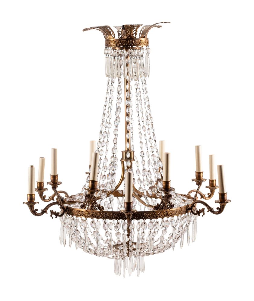 Appraisal: An Empire Style Bronze and Glass Twelve-Light Chandelier An Empire