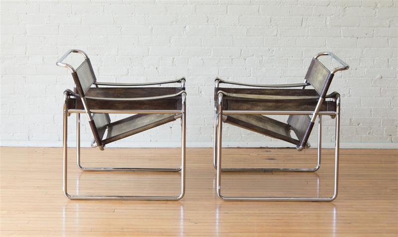 Appraisal: MARCEL BREUER PAIR OF CHROMED TUBULAR STEEL AND LEATHER WASSILY