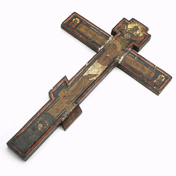 Appraisal: RUSSIAN ORTHODOX WALL CROSS ICON On gesso wood Depicts the