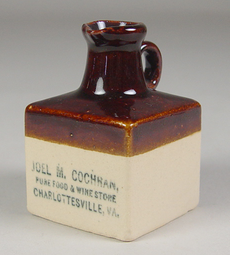 Appraisal: Charlottesville Miniature Square Jug Marked Joel Cochran Pure Food Wine