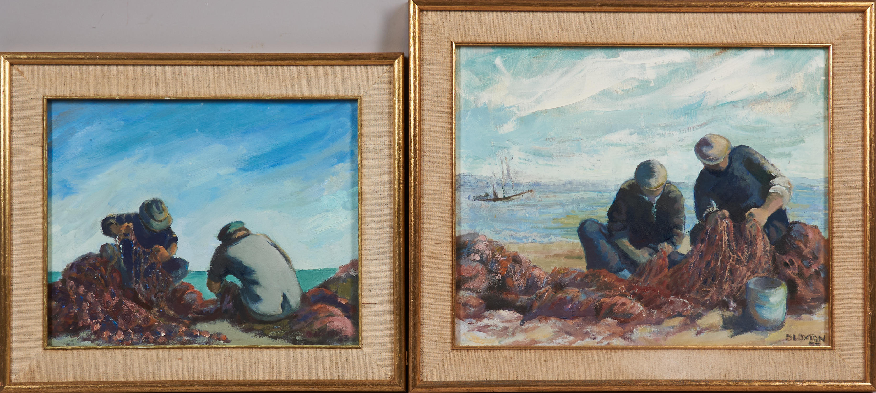 Appraisal: Two Paintings of Men Mending Nets oil on canvas both