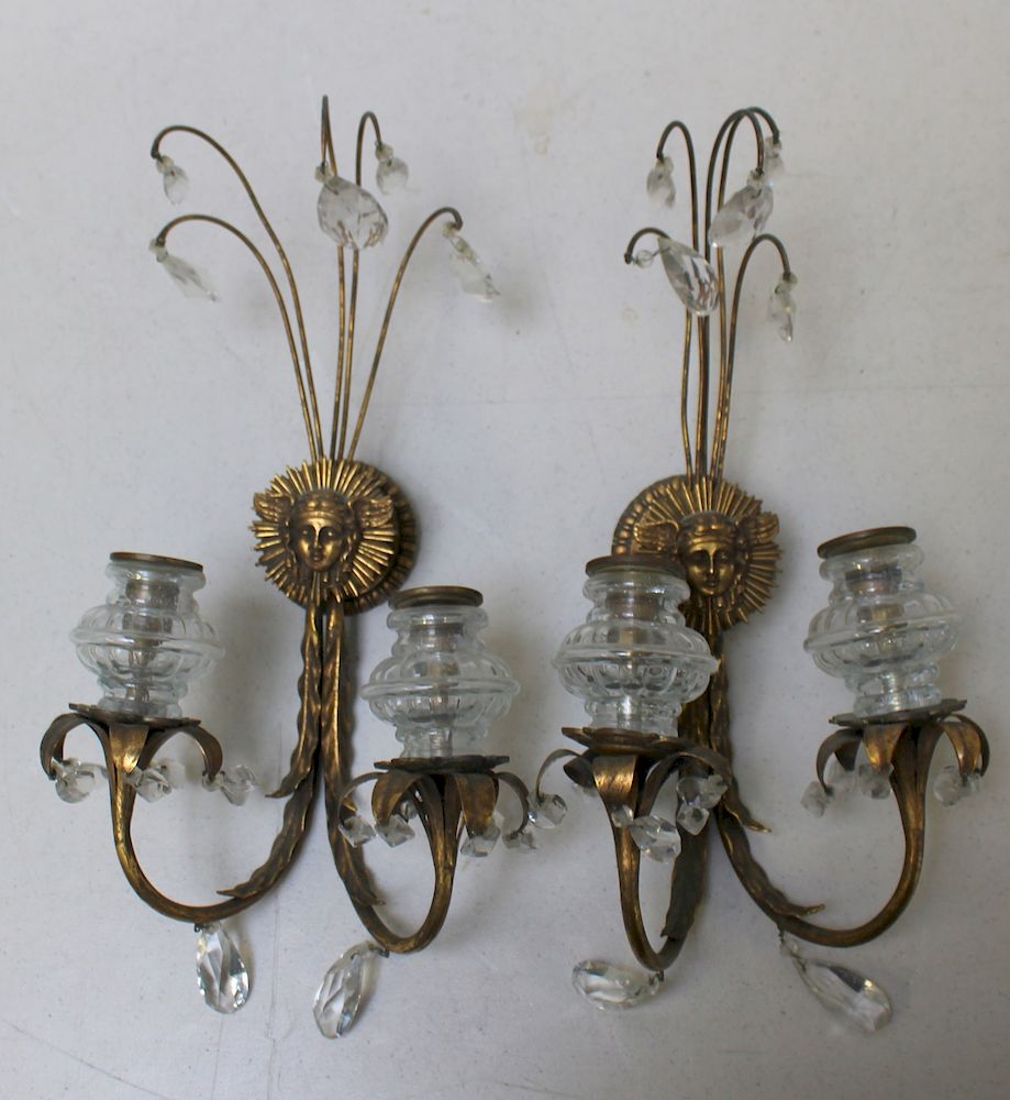 Appraisal: CALDWELL Signed Pair of Bronze Crystal Sconces A great looking