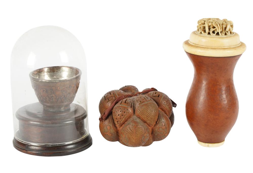 Appraisal: THREE GOURD CARVINGScomprising a box inches diameter a cricket jar