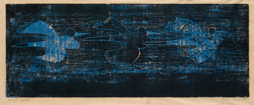 Appraisal: MILTON AVERY Three Birds Color woodcut printed in blue and