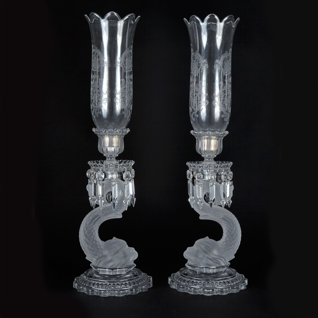 Appraisal: Pair of Baccarat Molded Glass Flambeau Dauphin Candlesticks Modern Each