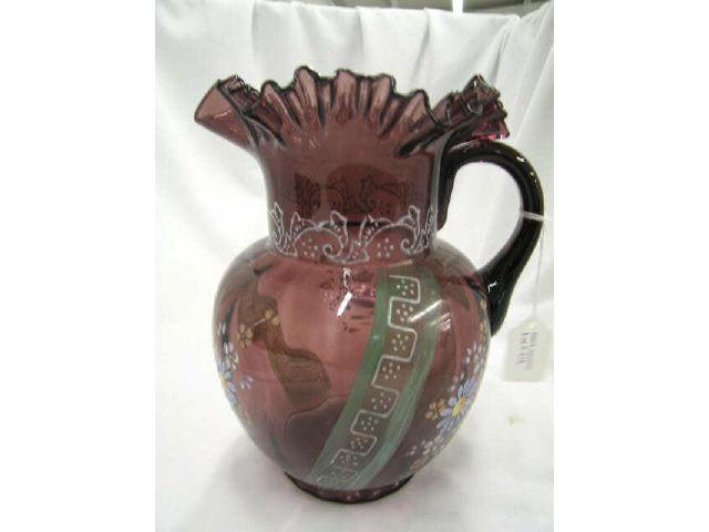 Appraisal: Victorian Amethyst Art Glass Pitcher enameled floral excellent