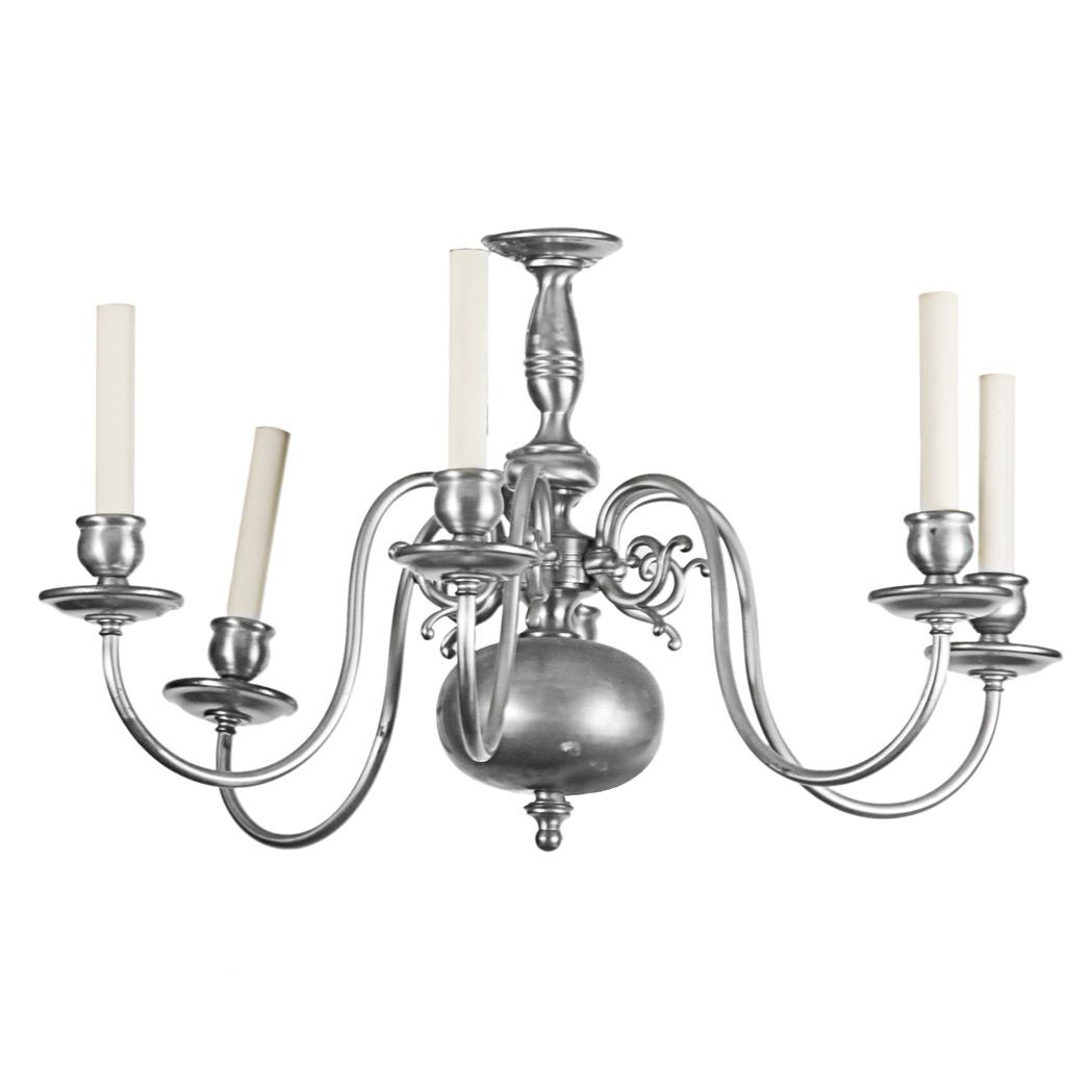 Appraisal: Dutch Style Silvered-Metal Six-Light Chandelier Height inches diameter inches