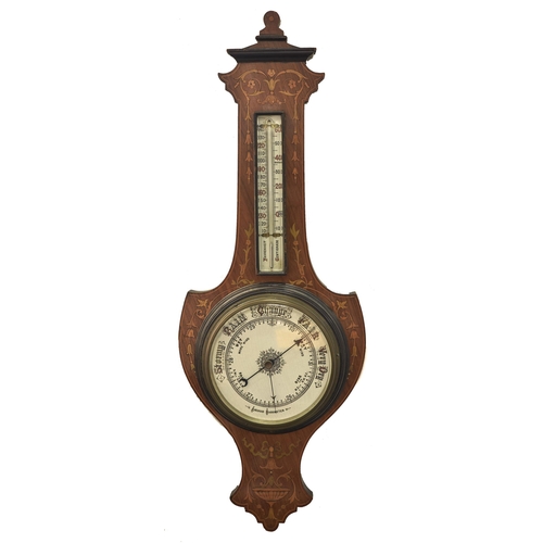 Appraisal: An Edwardian rosewood sycamore and harewood inlaid aneroid barometer of