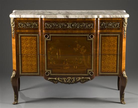 Appraisal: Louis XVI style ormolu mounted marquetry inlaid marble topped commode