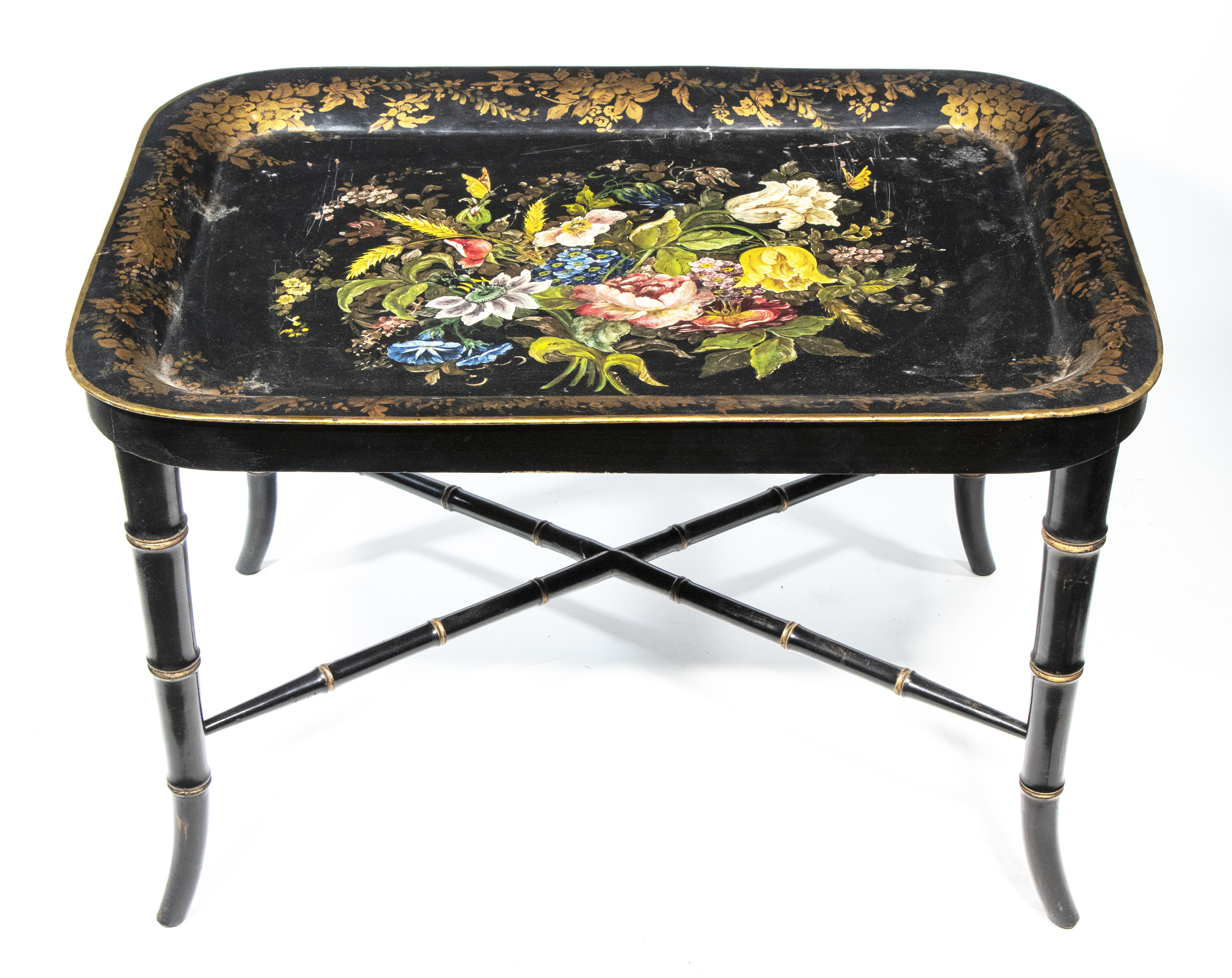 Appraisal: TOLE PAINTED TRAY ON CUSTOM STAND th c Floral Painted