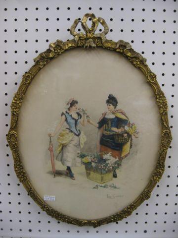 Appraisal: Leon Girardet Watercolor Flower Seller oval approx x in ornate