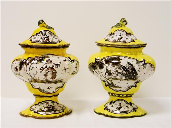 Appraisal: Pair of Italian majolica covered jars overall yellow ground with