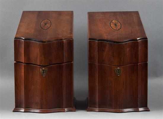 Appraisal: Pair of Federal style inlaid cherrywood shaped front knife boxes