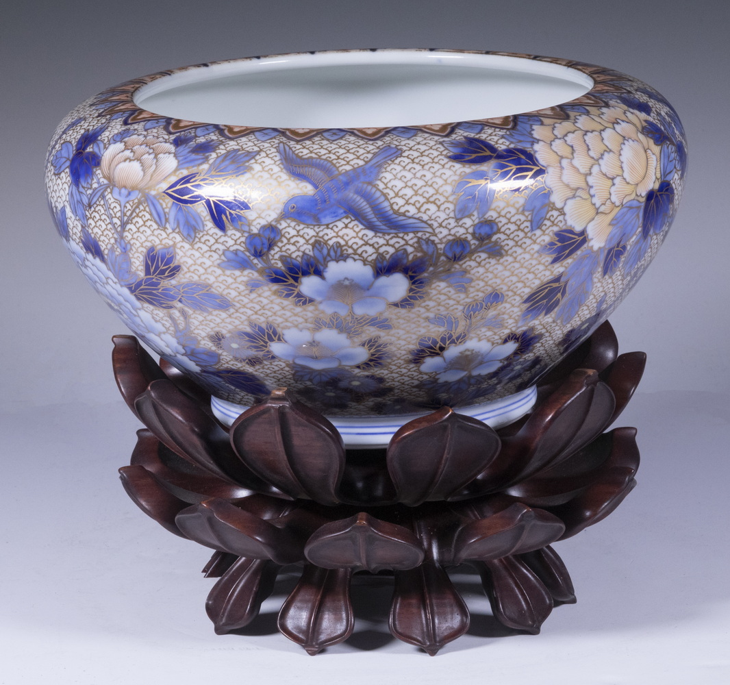 Appraisal: JAPANESE PORCELAIN BOWL ON WOODEN STAND Meiji Period Arita Ware