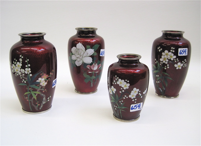 Appraisal: FOUR JAPANESE PIGEON BLOOD CLOISONNE VASES floral decoration on a