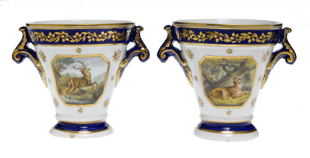 Appraisal: A PAIR OF DERBY VASES of conical form with leaf