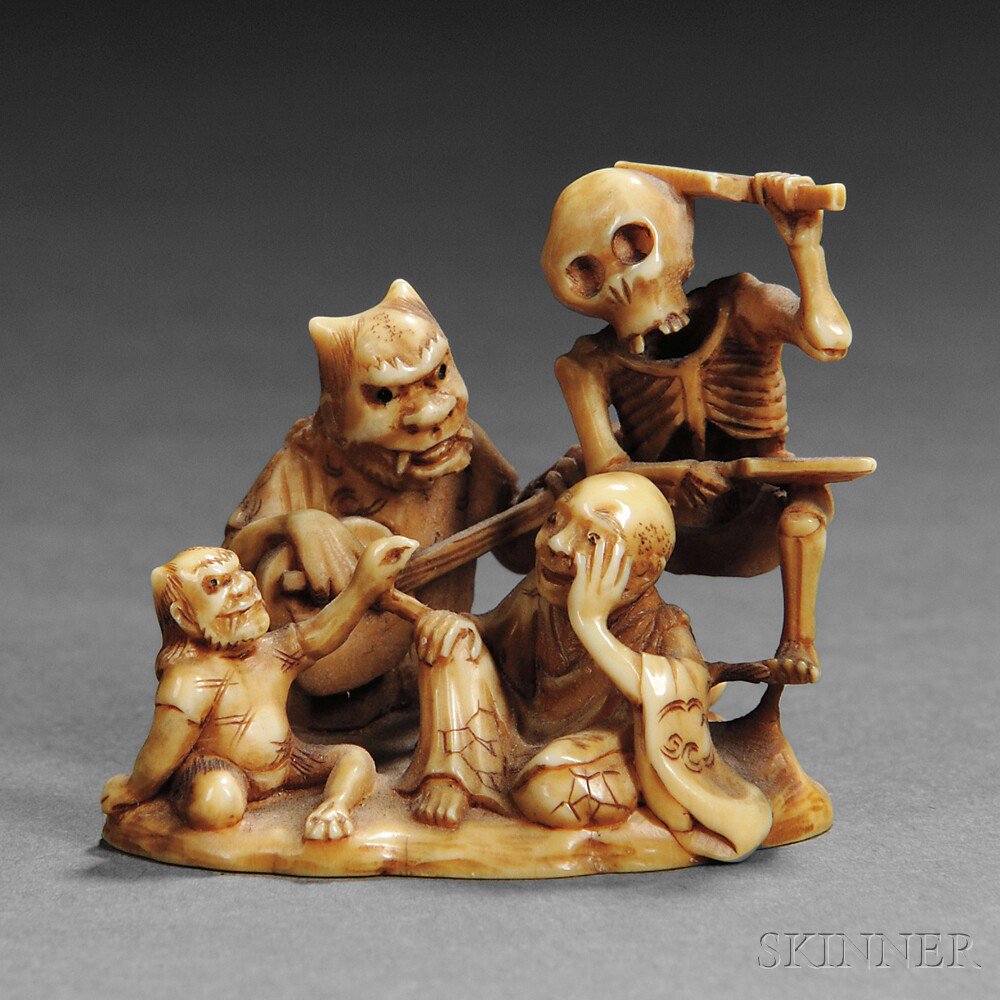 Appraisal: Ivory Netsuke of Dancing Demons Japan th century playing musical