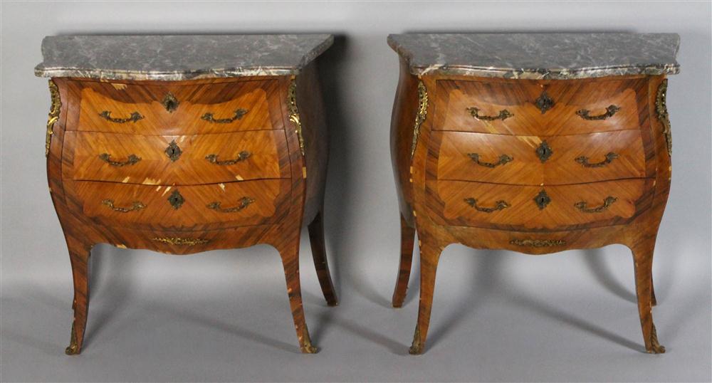 Appraisal: PAIR OF LOUIS XV STYLE MARBLE TOP SMALLTHREE DRAWER COMMODES