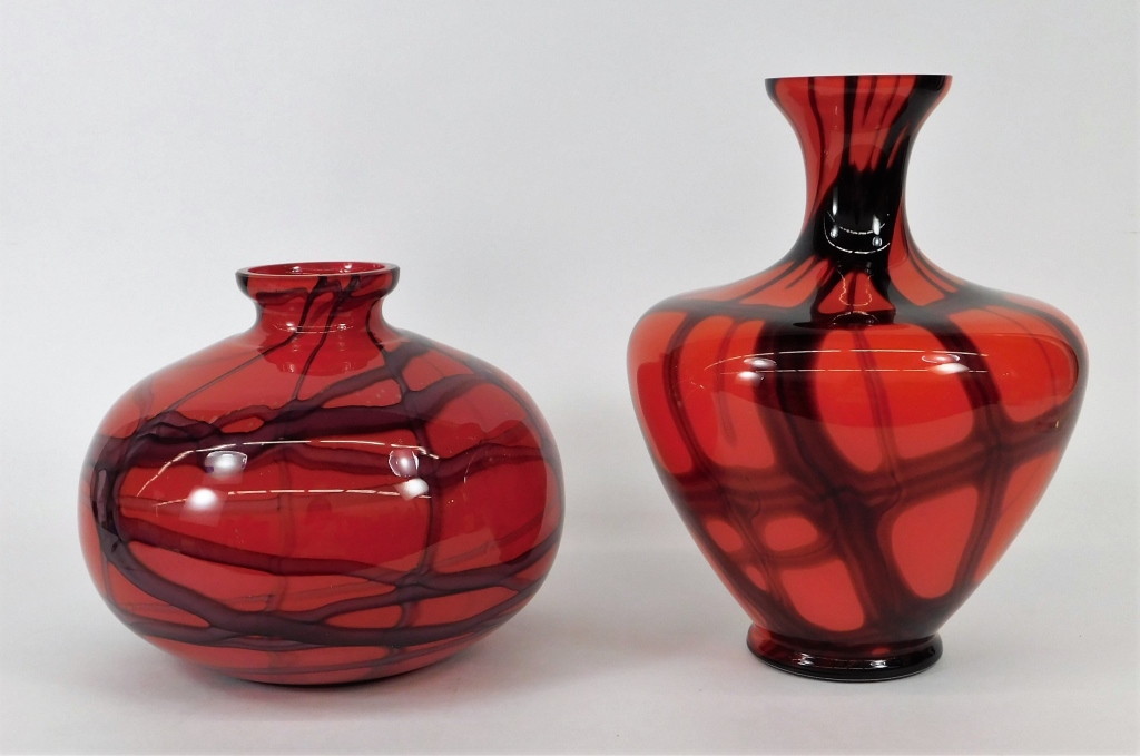 Appraisal: KRALIK RED NETTED BOHEMIAN ART GLASS VASE GROUP Bohemia th