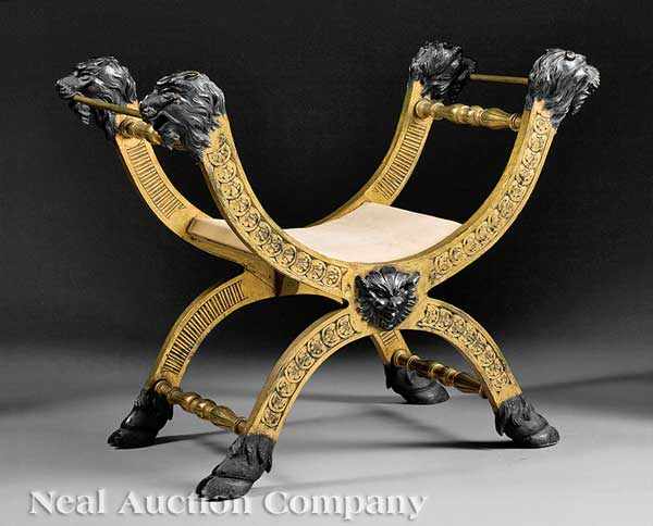 Appraisal: A Neoclassical-Style Carved Ebonized and Gilt Decorated Bench late th