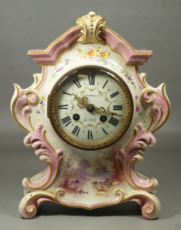 Appraisal: A D Mougin French china case shelf clock pink floral