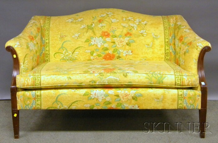 Appraisal: Georgian-style Oriental Pattern Printed Upholstered Camel-back Settee approx lg in