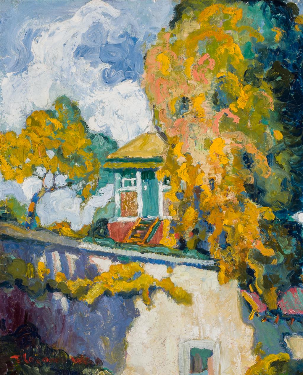 Appraisal: AMERICAN SCHOOL Landscape with House oil on board signed illegibly