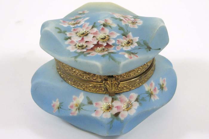 Appraisal: AMERICAN NAKARA ENAMELED BLUE GLASS DRESSER BOX - in dia