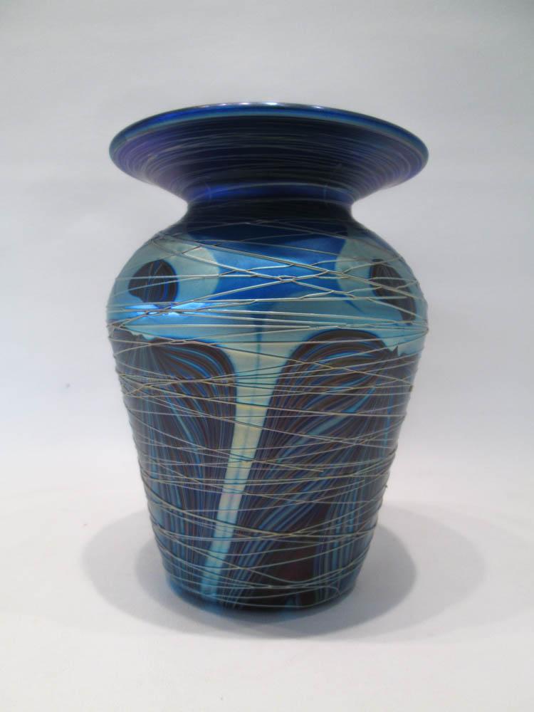 Appraisal: CARL RADKE PEACOCK VASE for Phoenix Studios Contemporary blue iridescent