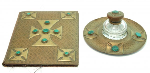 Appraisal: A brass and malachite inkwell and portfolio Round inkwell with