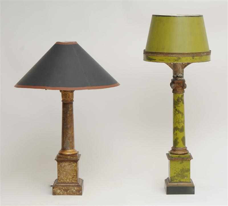 Appraisal: TWO NEOCLASSICAL STYLE MARBELIZED T LE AND PARCEL-GILT COLUMN-FORM LAMPS