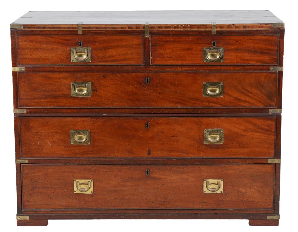 Appraisal: BRASS-MOUNTED MAHOGANY CAMPAIGN CHESTin two parts the drawers lined with