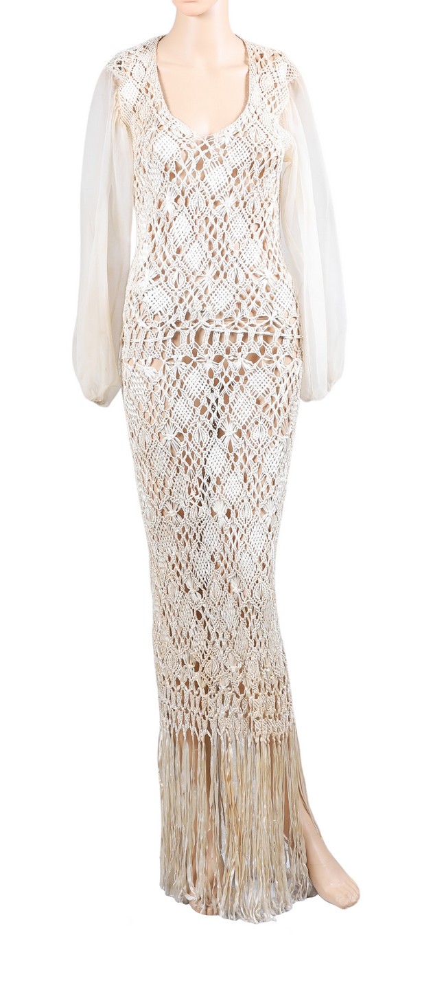 Appraisal: 's Fringe hem silk crochet maxi dress knotted fring hem