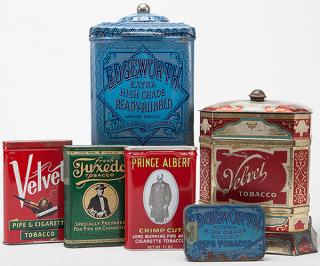 Appraisal: Six Tobacco Tins Six Tobacco Tins Including Velvet canister Spaulding