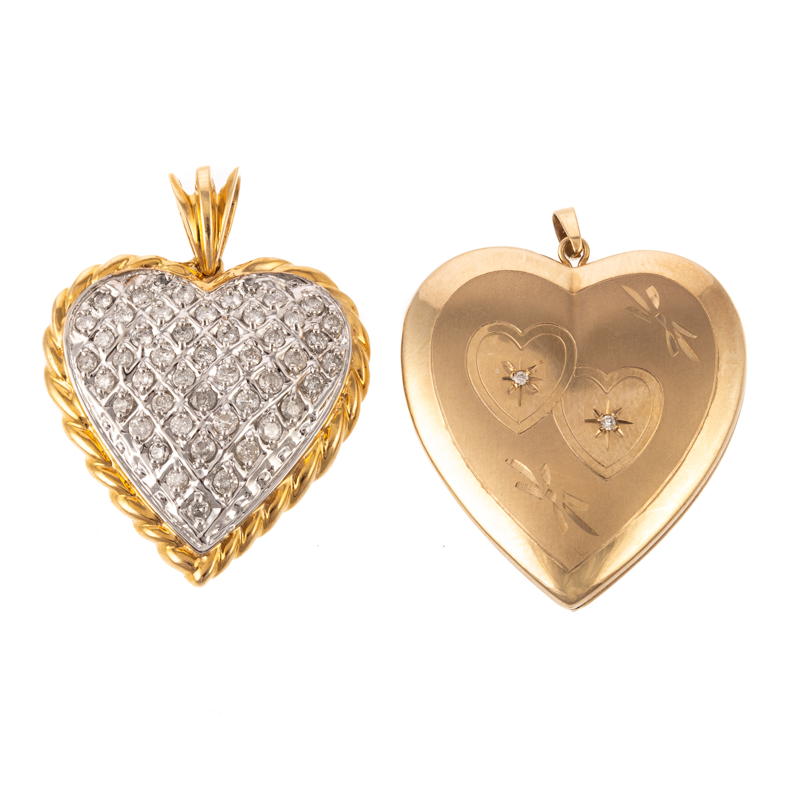 Appraisal: A PAIR OF HEART PENDANTS IN DIAMOND K K yellow