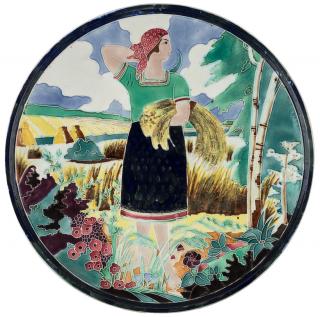 Appraisal: A SOVIET PORCELAIN CHARGER WITH A KOLKHOZNITSA HARVESTING HAY TH