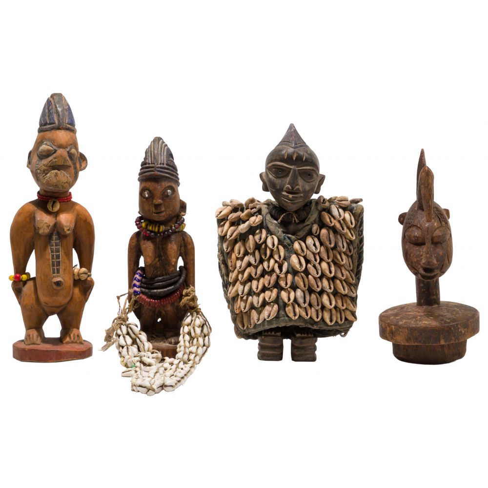 Appraisal: AFRICAN CARVED WOOD FIGURINE ASSORTMENT items including having adornments including