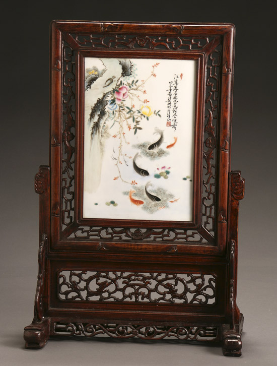 Appraisal: Chinese 'Famille Rose' Plaque of GoldFish Amidst Flowers th Century