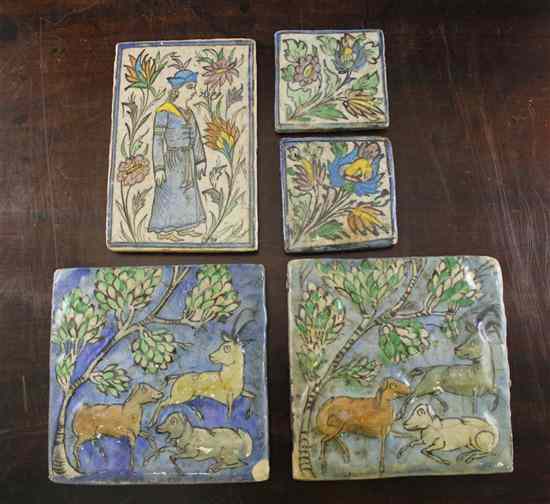 Appraisal: Five Persian pottery tiles late th early th century comprising