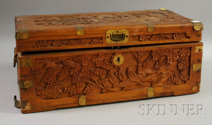 Appraisal: Asian Export Brass-mounted Carved Camphorwood Box ht lg in