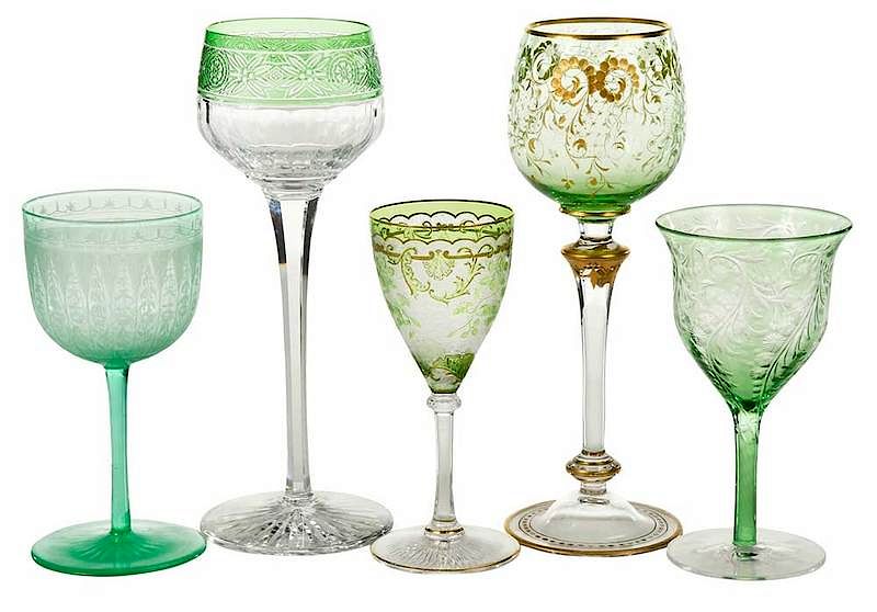 Appraisal: Five Green Engraved and Gilt Decorated Stems one mint green