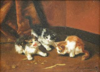 Appraisal: NEUVILLE Bernard Oil on Board Three Kittens Signed lower right