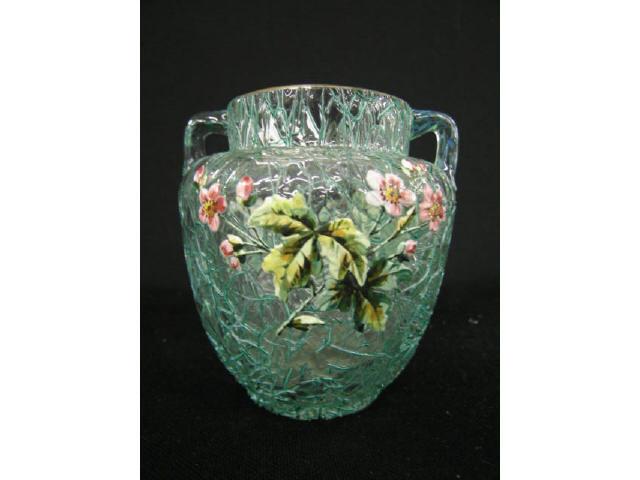 Appraisal: Moser Art Glass Vase enameled floral on crackle finish aqua