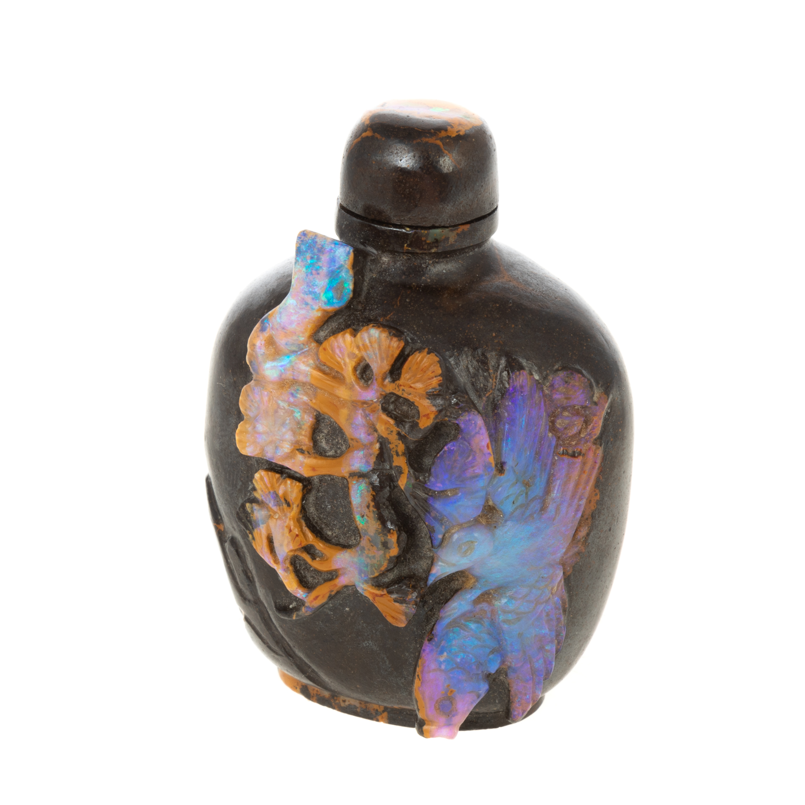 Appraisal: CHINESE CARVED BROWN OPAL STONE SNUFF BOTTLE With carved relief