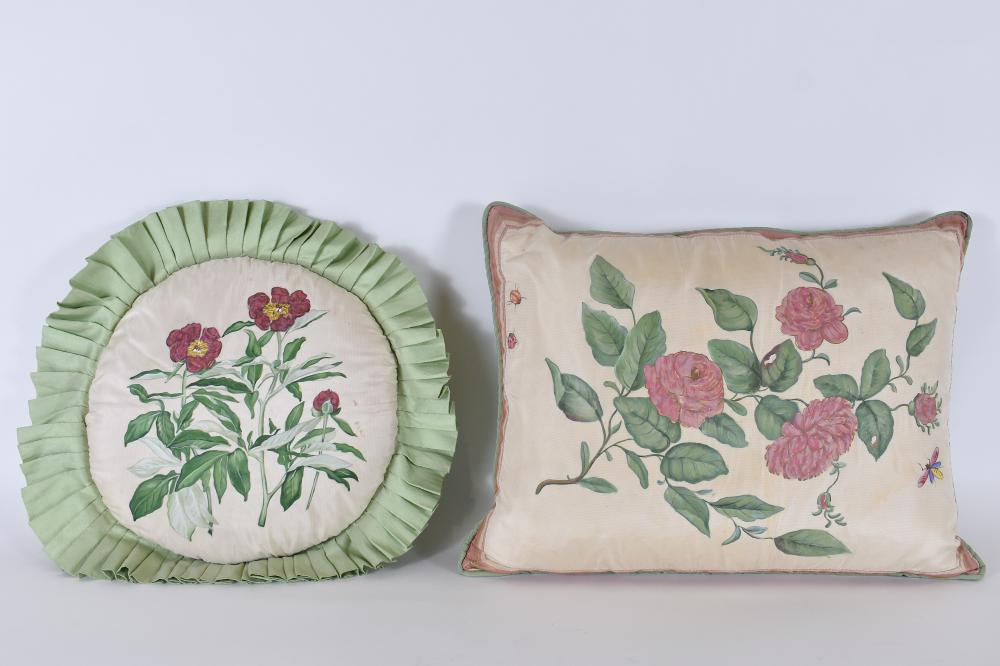 Appraisal: TWO HAND PAINTED FOLIATE PILLOWSOne round the other rectangular both