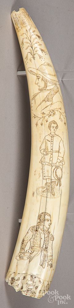 Appraisal: Scrimshaw decorated tusk Scrimshaw decorated tusk late th c signed