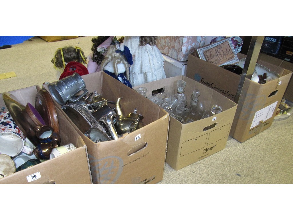 Appraisal: Four boxes of ceramics glass metalware etc and a tray