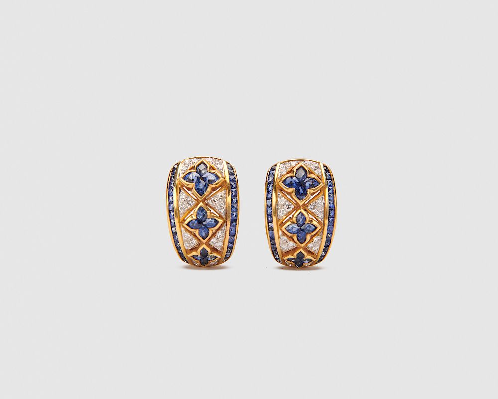 Appraisal: K Gold Sapphire and Diamond Hoop Earrings K Gold Sapphire