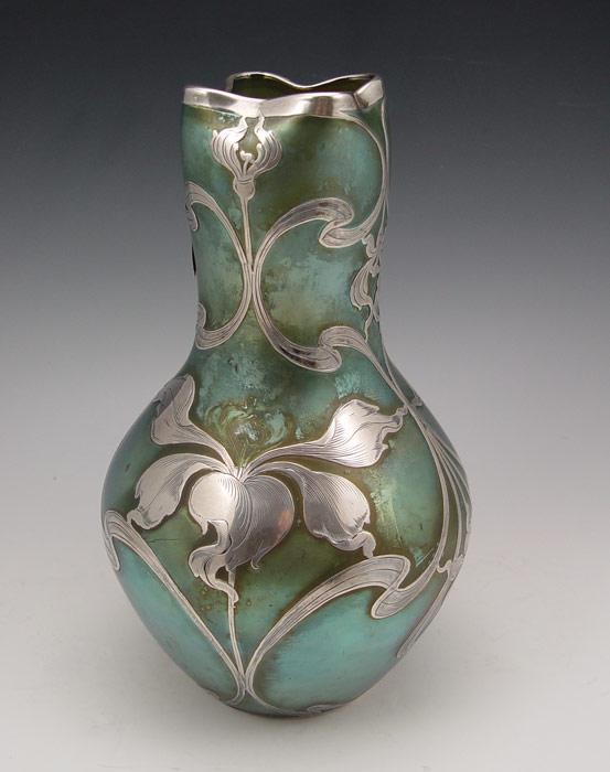 Appraisal: LOETZ LA PIERRE ART NOUVEAU STERLING OVERLAY VASE Bohemian iridescent